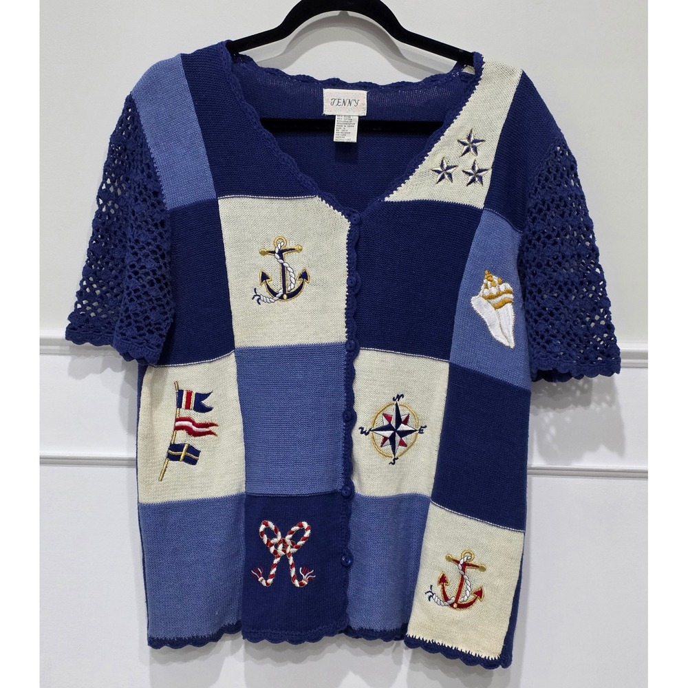 Vintage Jenny Nautical Patchwork Embroidered Cardigan Short Sleeve‎ Blue L